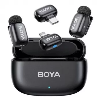 BOYA Mini 2-01 Drahtloses Mikrofonsystem 2,4 GHz mit 2 Sendern und 2 Empfängern (USB-C und Lightning) Schwarz