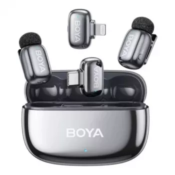 BOYA Mini 2-01 Drahtloses Mikrofonsystem mit KI-Rauschunterdrückung, 2 Sendern und 2 Empfängern (USB-C und Lightning), Space Gray