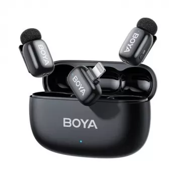 BOYA Mini 2-03 Drahtloses Mikrofonsystem 2,4 GHz, KI-Rauschunterdrückung, 2 Sender + 1 Lightning-Empfänger, Schwarz