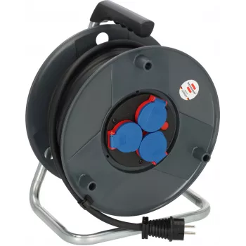 Brennenstuhl 30m IP44 Kabeltrommel H07RN-F 3G2.5 mit 3 Steckdosen Typ E, Thermoschutz, blaues Kabel, schwarze Trommel