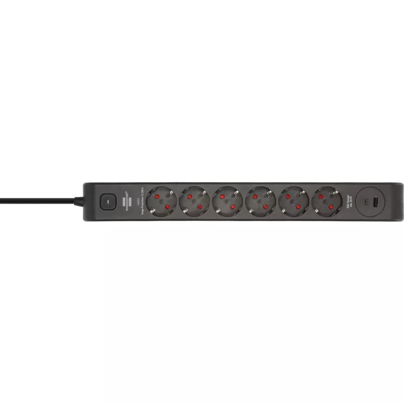 BRENNENSTUHL 6-fach Steckdosenleiste mit 1x USB-C, 1x USB-A, Überspannungsschutz 13.500 A, 2 m Kabel, Schwarz/Anthrazit