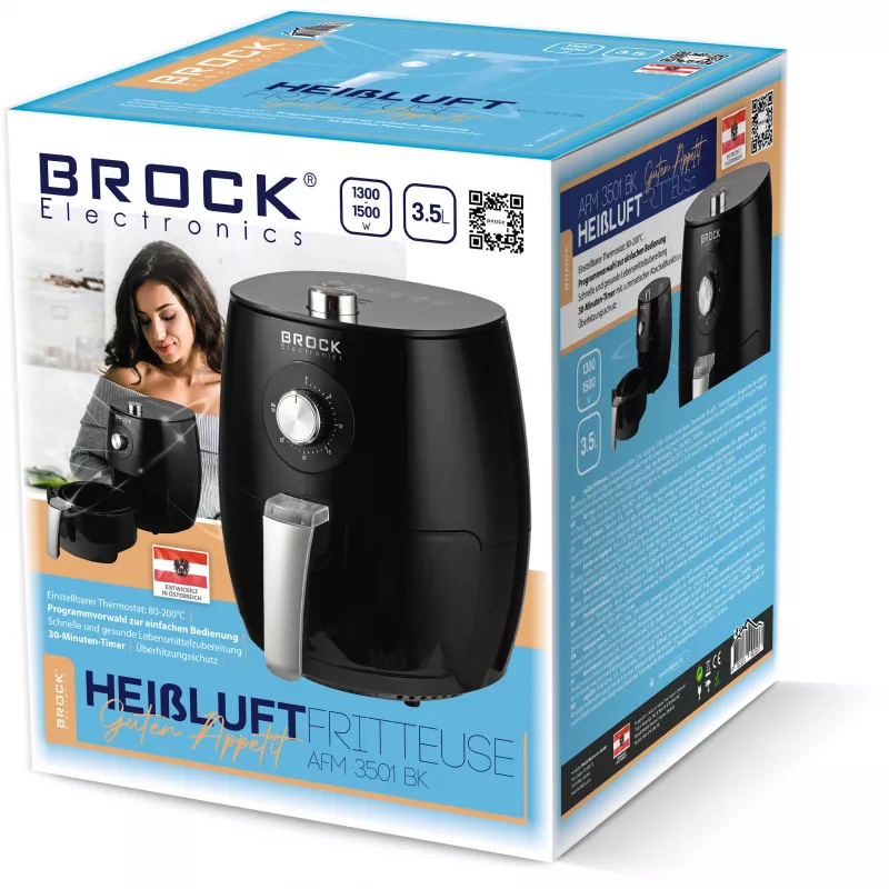Brock AFM 3501 BK Heißluftfritteuse 3,5L 1300-1500W Schwarz Digitale Korbfritteuse
