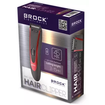 Brock BHC 2001 Haarschneider, Schwarz/Rot, Kabelgebunden, Edelstahlklingen, 4 Aufsteckkämme (3-12 mm), Verstellbarer Hebel