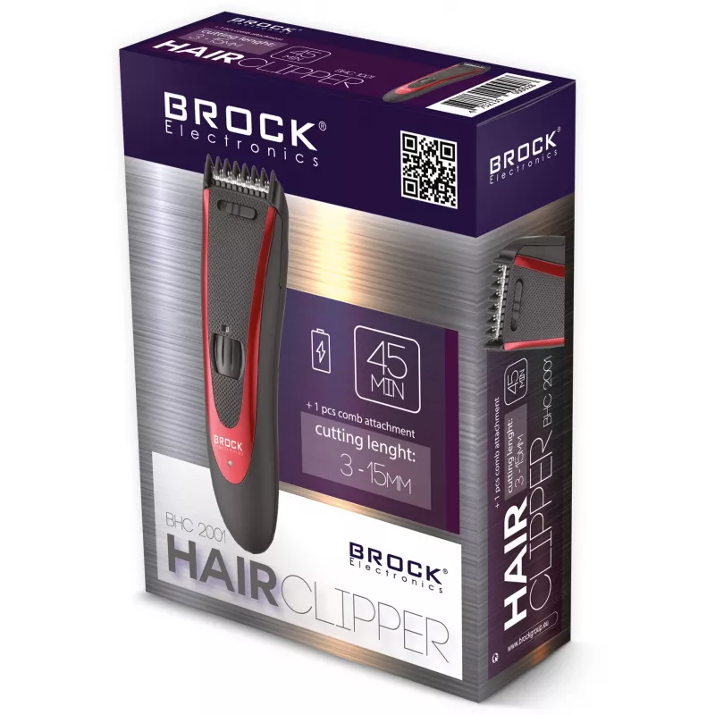 Brock BHC 2001 Haarschneider, Schwarz/Rot, Kabelgebunden, Edelstahlklingen, 4 Aufsteckkämme (3-12 mm), Verstellbarer Hebel