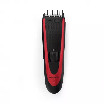 Brock BHC 2001 Haarschneider, Schwarz/Rot, Kabelgebunden, Edelstahlklingen, 4 Aufsteckkämme (3-12 mm), Verstellbarer Hebel