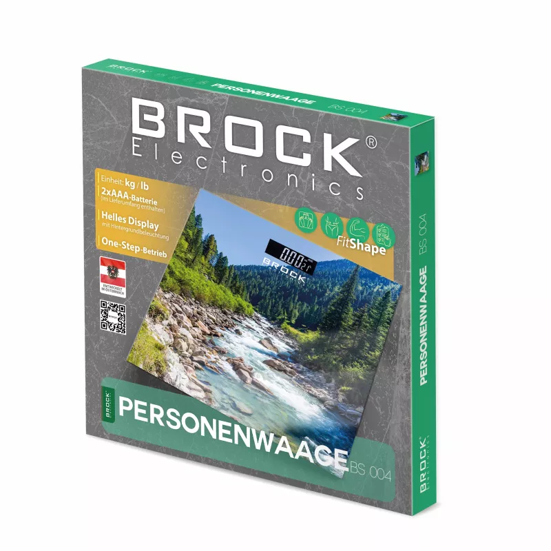 Brock BS 004 Digitale Personenwaage mit gehärteter Glasplattform, 180 kg Kapazität, 100 g Genauigkeit, Auto Ein/Aus, 2x AAA Batterien inklusive