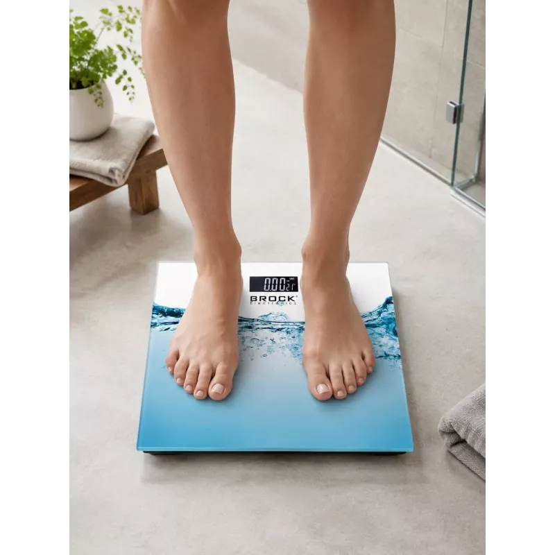 Brock BS 005 Digitale Badezimmerwaage mit gehärteter Glasplattform, 180 kg Kapazität, 100 g Genauigkeit, Auto Ein/Aus, Batterie enthalten