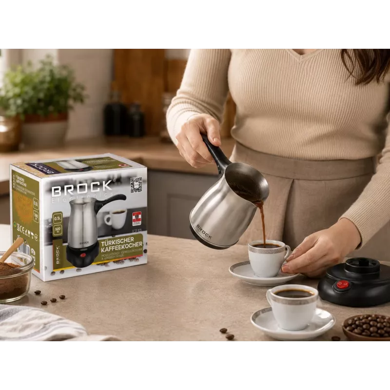 Brock ECP 105 Elektrische Türkische Kaffeemaschine, 300 ml, 800 W, Schwarz & Edelstahl, 4 Tassen, kabellos mit 360° Basis
