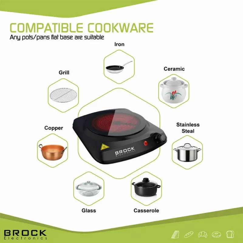 Brock HPI 3001 BK 1500W Einzel-Kochplatte mit Gusseisenplatte und einstellbarem Thermostat, Schwarz