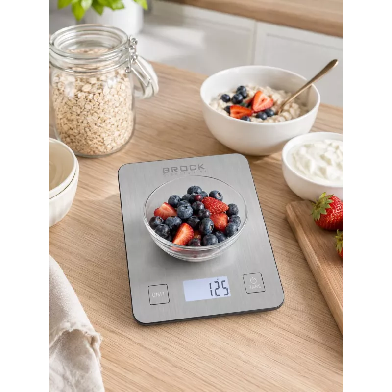 Brock SKS 1009 Digitale Küchenwaage mit LED-Anzeige, 5 kg Kapazität, 1 g Genauigkeit, gehärtete Glasplattform, Schwarz