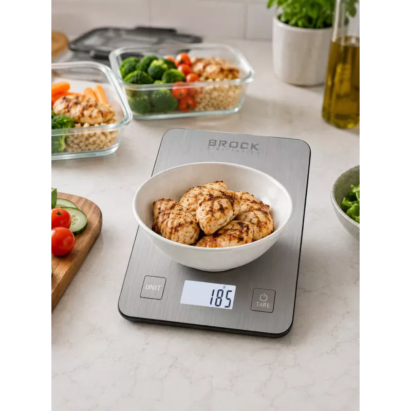 Brock SKS 1009 Digitale Küchenwaage mit LED-Anzeige, 5 kg Kapazität, 1 g Genauigkeit, gehärtete Glasplattform, Schwarz