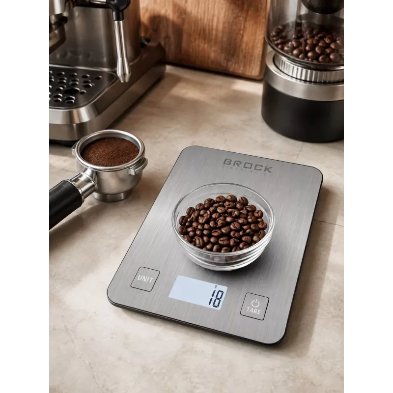 Brock SKS 1009 Digitale Küchenwaage mit LED-Anzeige, 5 kg Kapazität, 1 g Genauigkeit, gehärtete Glasplattform, Schwarz