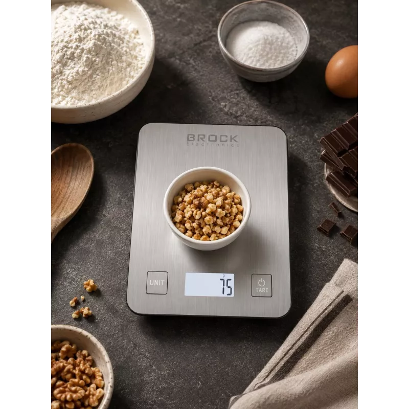 Brock SKS 1009 Digitale Küchenwaage mit LED-Anzeige, 5 kg Kapazität, 1 g Genauigkeit, gehärtete Glasplattform, Schwarz