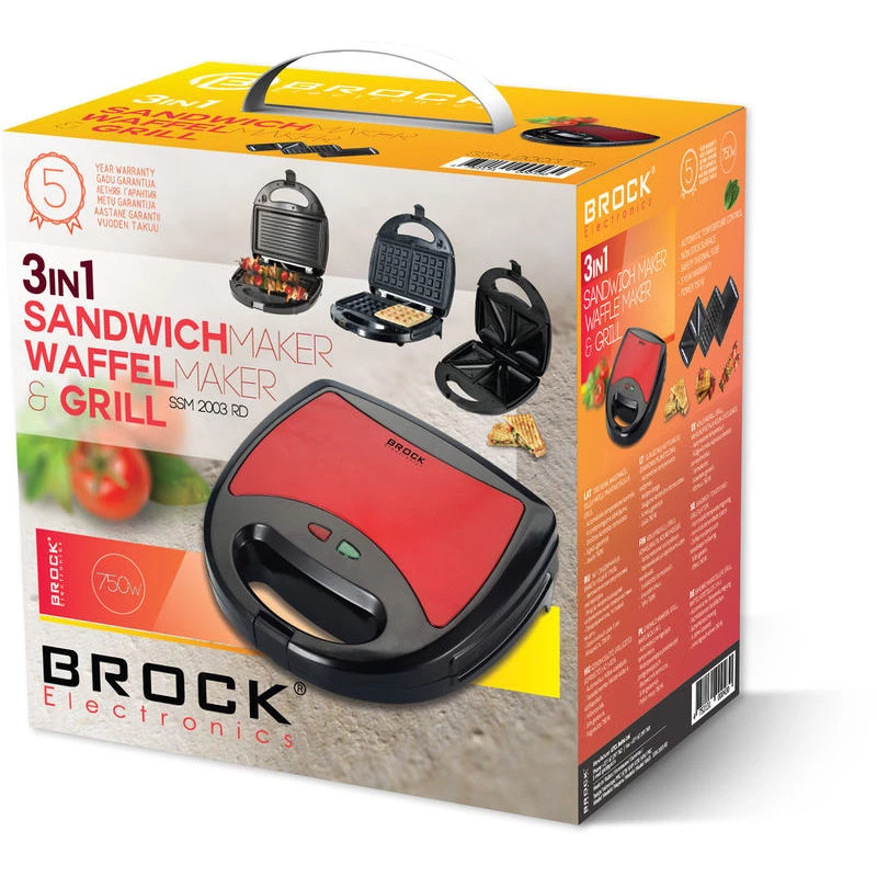 Brock SSM 2003 RD 3-in-1 Sandwichmaker, Waffeleisen und Grill, 750 W, Schwarz/Rot