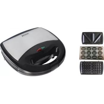 Brock SSM 2004 SS 3-in-1 Sandwich-, Waffel- & Nussgebäck-Maker, 750W, Schwarz/Edelstahl