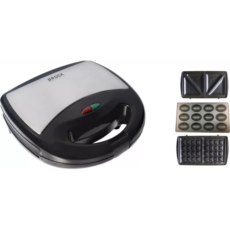 Brock SSM 2004 SS 3-in-1 Sandwich-, Waffel- & Nussgebäck-Maker, 750W, Schwarz/Edelstahl