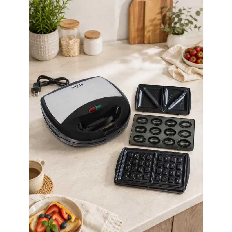 Brock SSM 2004 SS 3-in-1 Sandwich-, Waffel- & Nussgebäck-Maker, 750W, Schwarz/Edelstahl