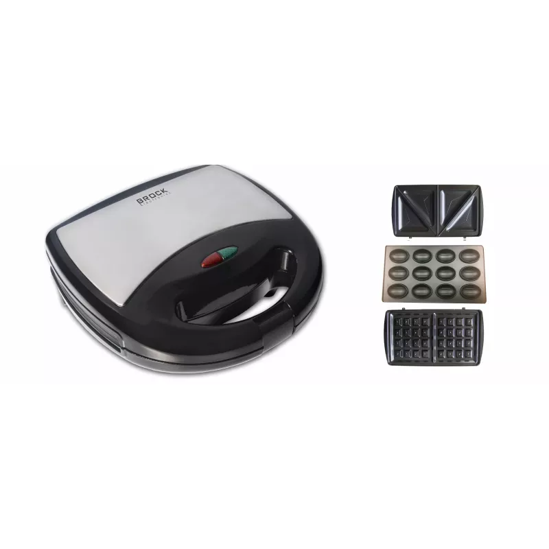 Brock SSM 2004 SS 3-in-1 Sandwich-, Waffel- & Nussgebäck-Maker, 750W, Schwarz/Edelstahl