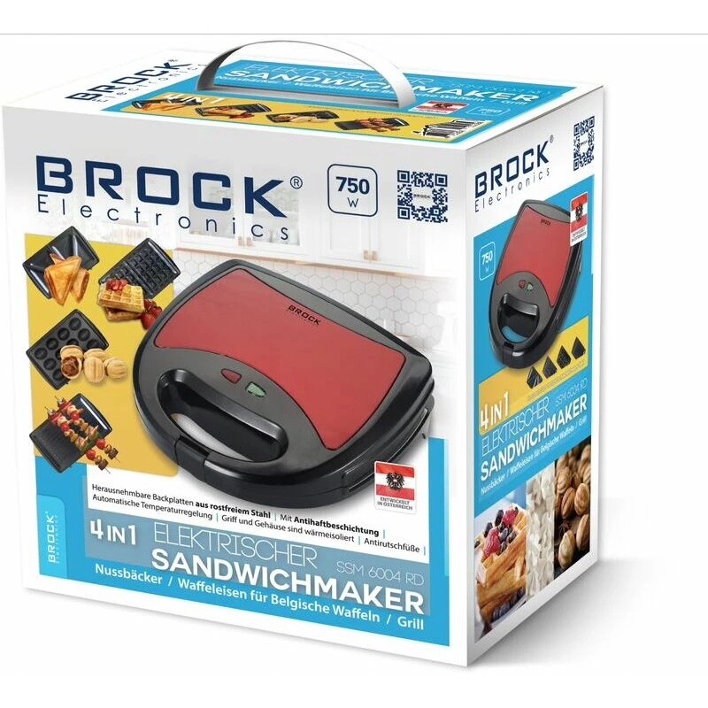 Brock SSM 6004 RD 4-in-1 Sandwich-/Nuss-/Waffeleisen und Grill 750 W, Rot