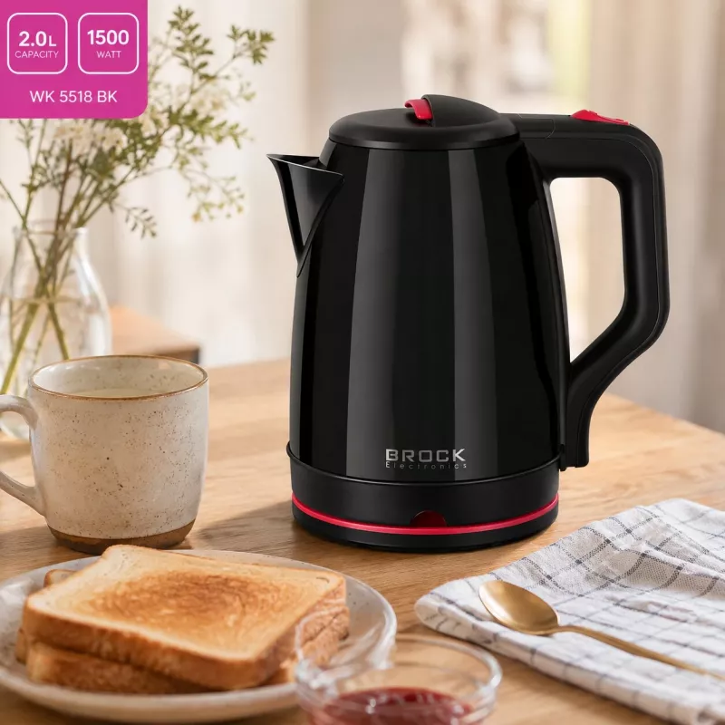 Brock WK 5518 BK Elektrischer Wasserkocher 2,0L 1500W Schwarz mit 360° kabelloser Basis