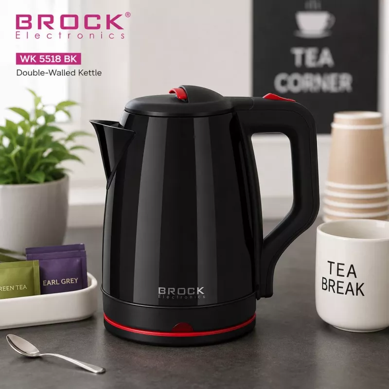 Brock WK 5518 BK Elektrischer Wasserkocher 2,0L 1500W Schwarz mit 360° kabelloser Basis