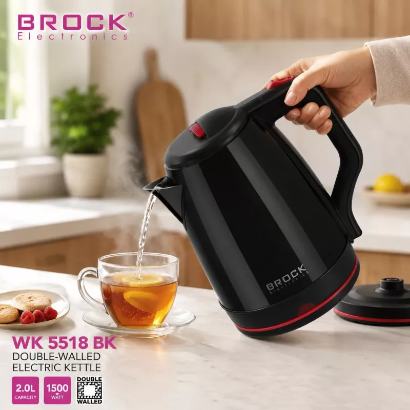 Brock WK 5518 BK Elektrischer Wasserkocher 2,0L 1500W Schwarz mit 360° kabelloser Basis