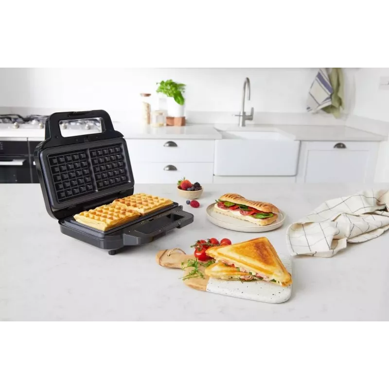 BRV VST098X 3-in-1 Sandwichmaker, Waffeleisen & Grill, 850 W, DuraCeramic Antihaftplatten, Schwarz/Silber
