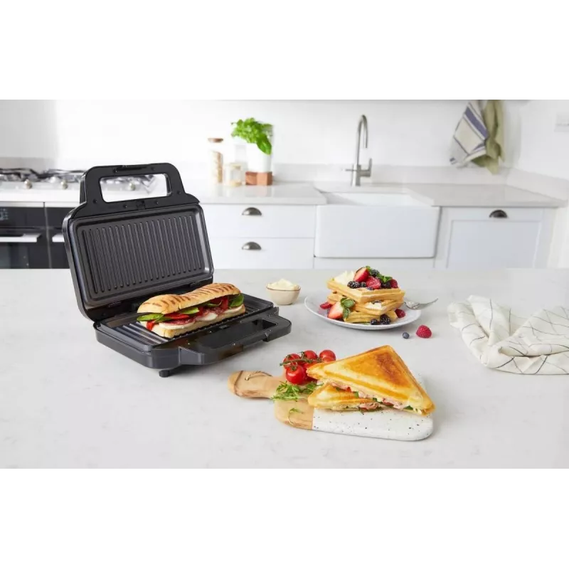 BRV VST098X 3-in-1 Sandwichmaker, Waffeleisen & Grill, 850 W, DuraCeramic Antihaftplatten, Schwarz/Silber