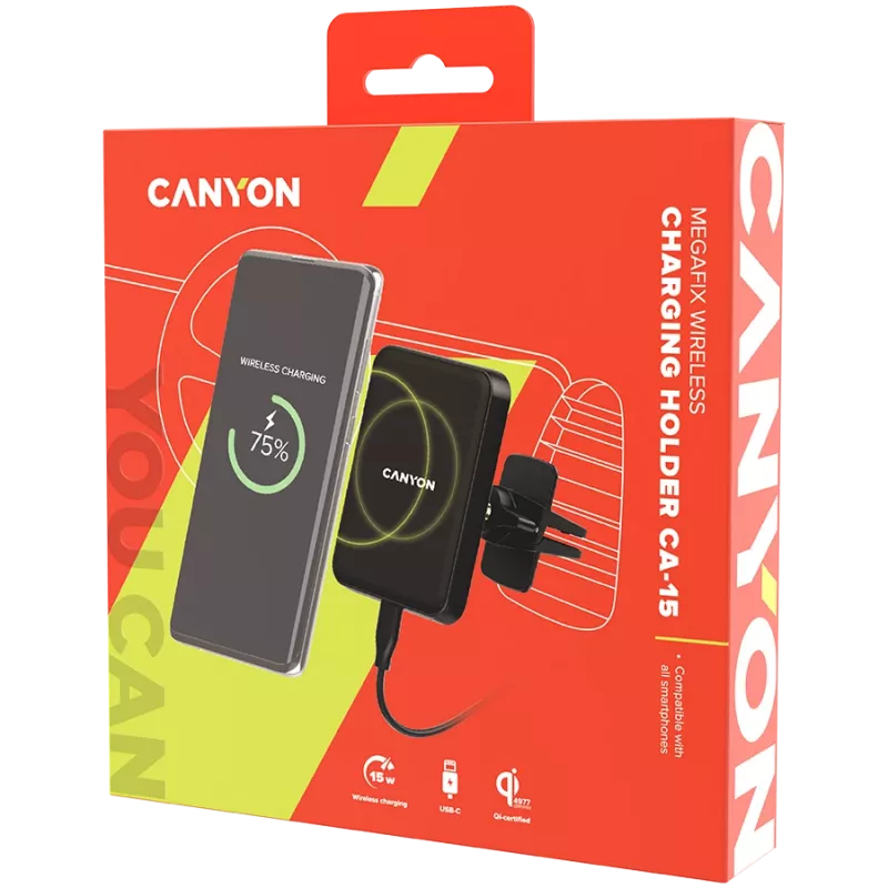 CANYON CH-15 Car Holder and Wireless Charger MegaFix, 15W, USB-C, Black