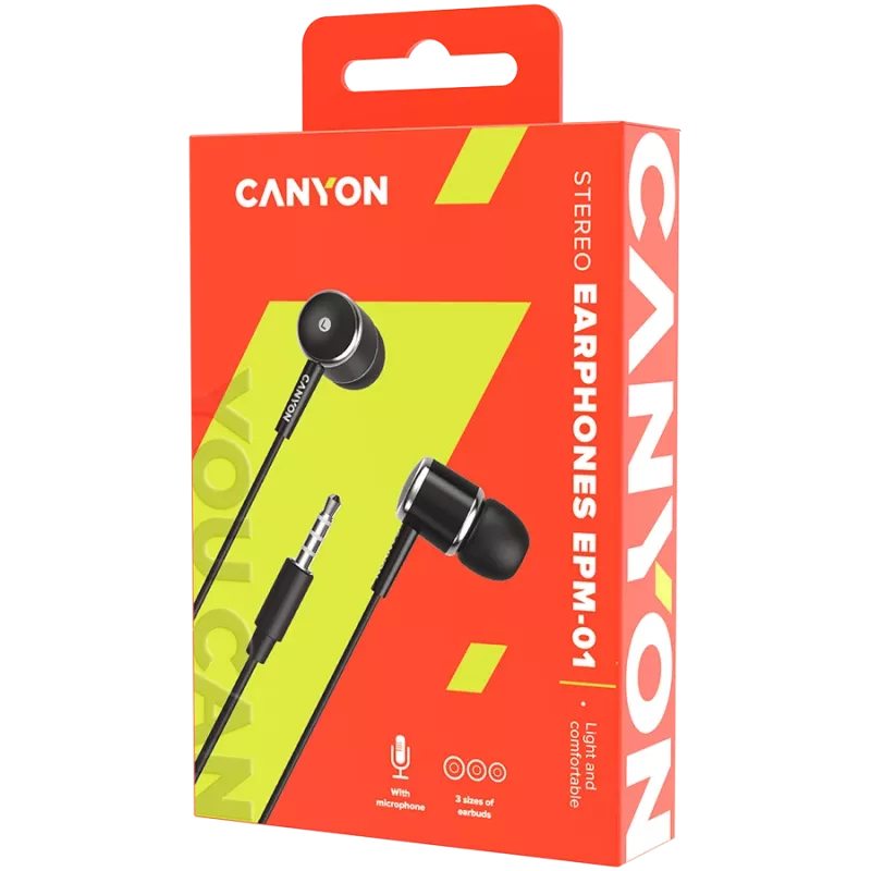 CANYON EPM-01 In-Ear Kabelgebundenes Headset mit Mikrofon, 1,2 m Kabel, Schwarz