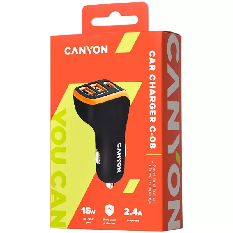 Canyon Universal 3xUSB Car Adapter Input 12V-24V Output DC Black
