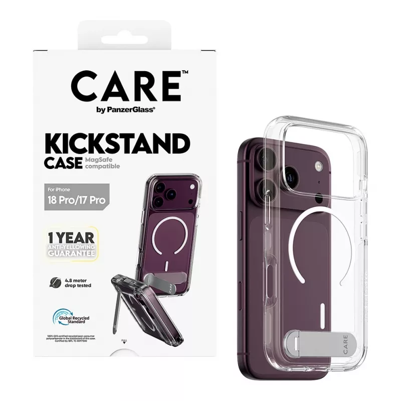 CARE by PanzerGlass Kickstand Hülle Transparent mit Weißem MagSafe für iPhone 17 Pro
