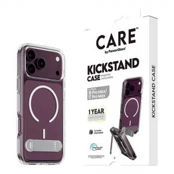 CARE by PanzerGlass Kickstand Hülle Transparent mit Weißem MagSafe für iPhone 17 Pro Max