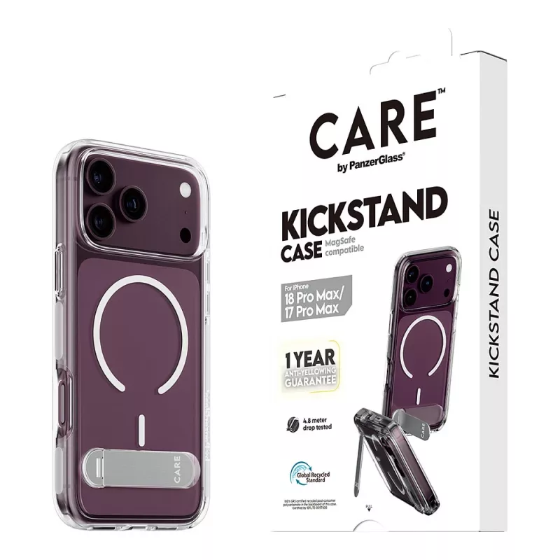 CARE by PanzerGlass Kickstand Hülle Transparent mit Weißem MagSafe für iPhone 17 Pro Max