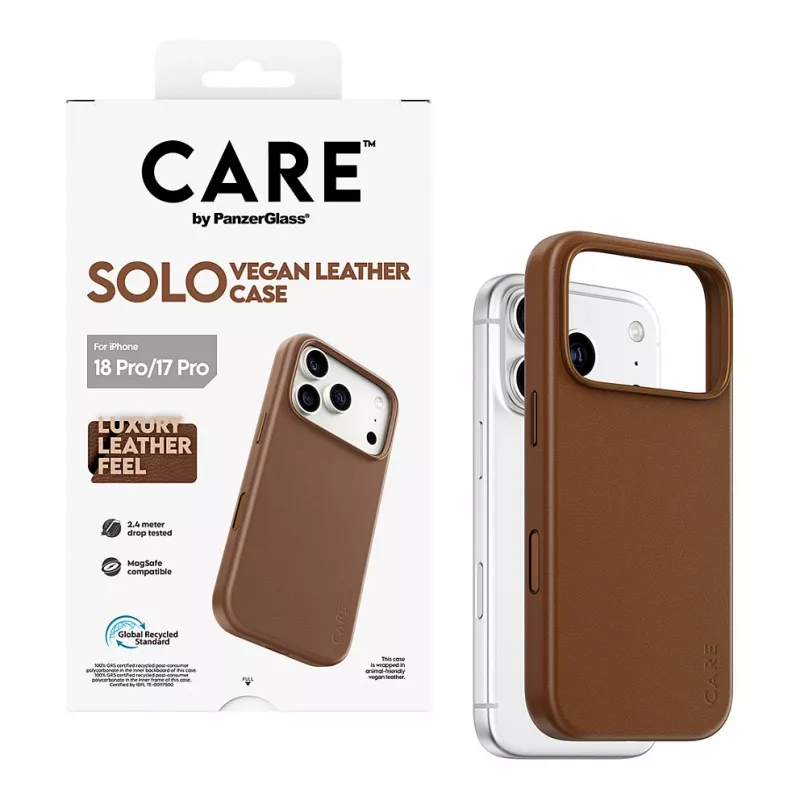 CARE by PanzerGlass Solo Veganes Leder Case Braun mit MagSafe für iPhone 17 Pro