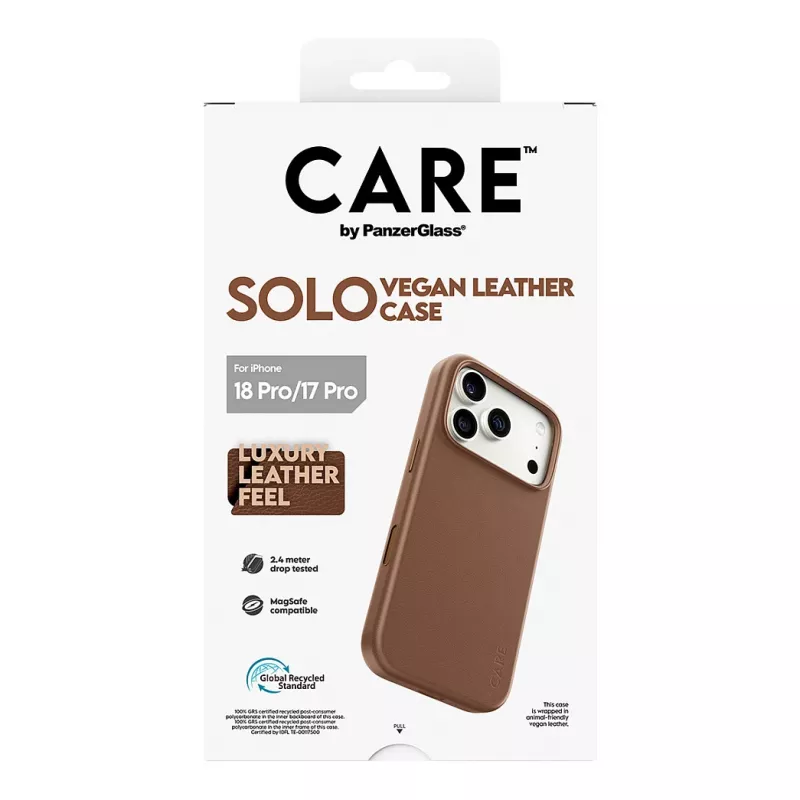 CARE by PanzerGlass Solo Veganes Leder Case Braun mit MagSafe für iPhone 17 Pro