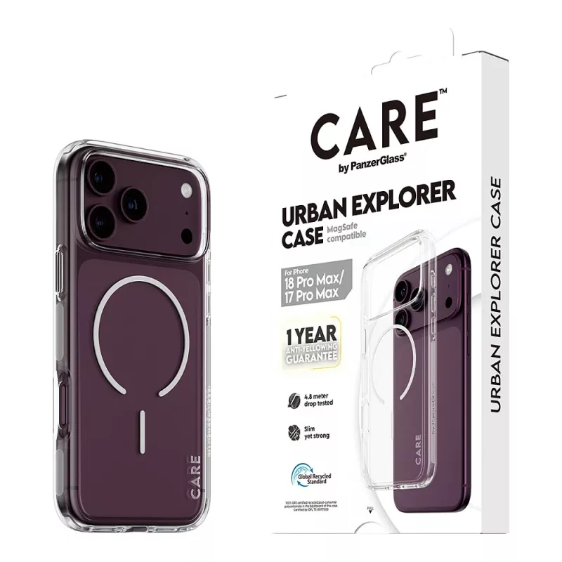 CARE by PanzerGlass Urban Explorer Hülle Transparent mit Weißem MagSafe für iPhone 17 Pro Max