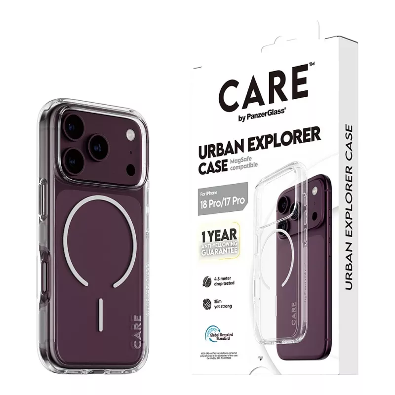 CARE by PanzerGlass Urban Explorer Hülle Transparent mit weißem MagSafe Ring für iPhone 17 Pro