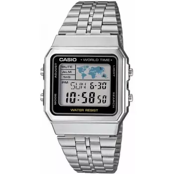 Casio A500WA-1DF Classic Digital Quartz Armbanduhr – Silbernes Edelstahlband, LED-Hintergrundbeleuchtung, Weltzeit