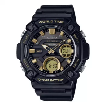 CASIO AEQ-120W-9A Herren Analog-Digital Uhr, 53,3 mm, schwarzes Resin-Gehäuse, schwarzes Resin-Armband, goldene Akzente