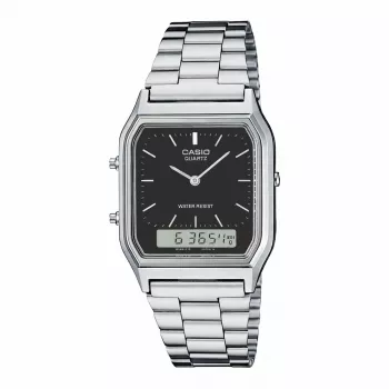 CASIO AQ-230A-1D Unisex Analog-Digital Uhr, 38,8 mm, silberfarbenes Edelstahlband, schwarzes Zifferblatt