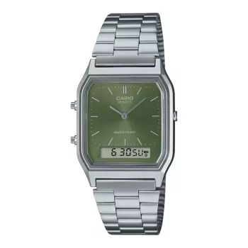 CASIO AQ-230A-3A Unisex Analog-Digital Uhr, 38,8 mm, grünes Zifferblatt, silberfarbenes Edelstahlband