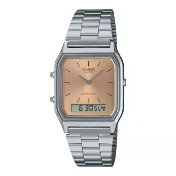 CASIO AQ-230A-4A Unisex Analog-Digital Uhr, 38,8 mm, silberfarbenes Gehäuse, rotes Zifferblatt, Edelstahlband