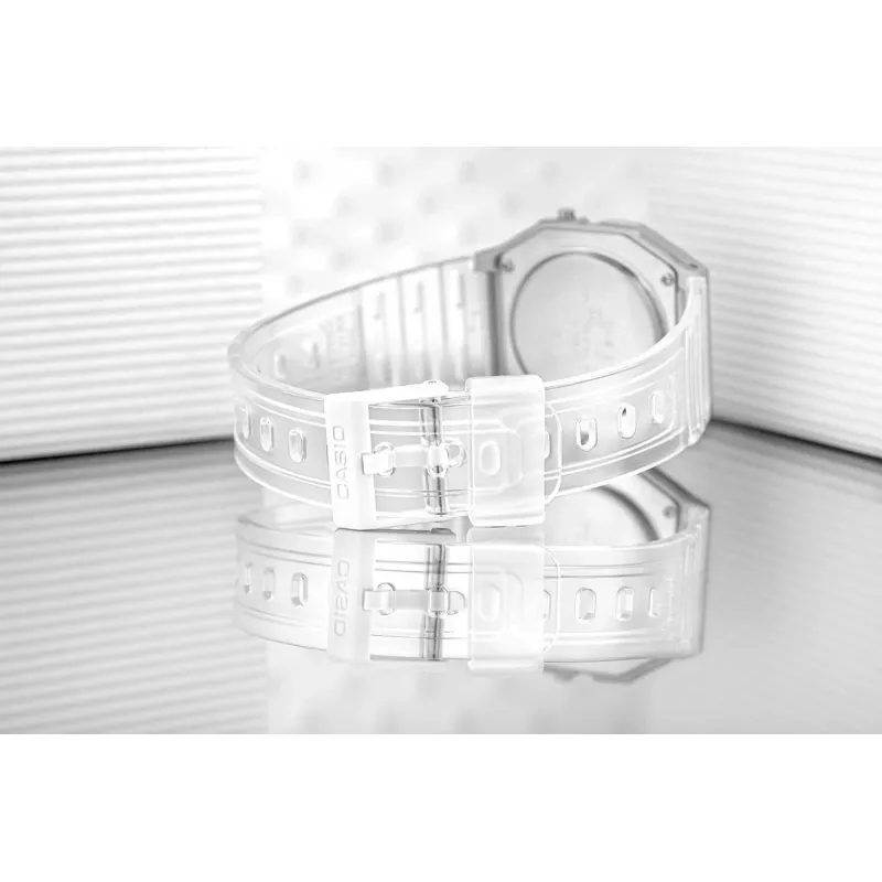 Casio F-91WS-7DF Digitaluhr – Transparentes weißes Resin-Gehäuse, Unisex, Quarz, LED-Hintergrundbeleuchtung, wasserdicht bis 3 ATM