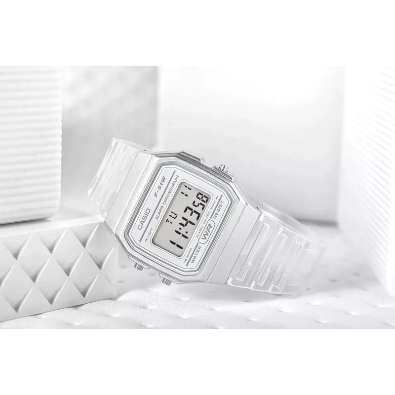 Casio F-91WS-7DF Digitaluhr – Transparentes weißes Resin-Gehäuse, Unisex, Quarz, LED-Hintergrundbeleuchtung, wasserdicht bis 3 ATM