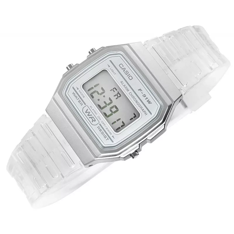 Casio F-91WS-7DF Digitaluhr – Transparentes weißes Resin-Gehäuse, Unisex, Quarz, LED-Hintergrundbeleuchtung, wasserdicht bis 3 ATM
