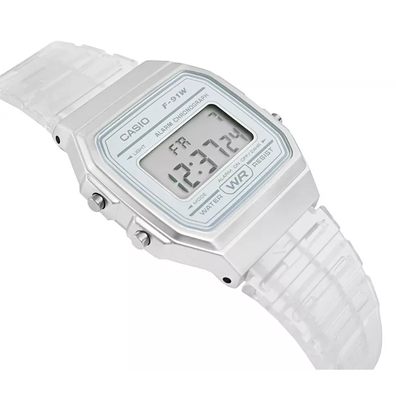 Casio F-91WS-7DF Digitaluhr – Transparentes weißes Resin-Gehäuse, Unisex, Quarz, LED-Hintergrundbeleuchtung, wasserdicht bis 3 ATM