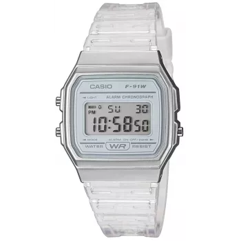 Casio F-91WS-7DF Digitaluhr – Transparentes weißes Resin-Gehäuse, Unisex, Quarz, LED-Hintergrundbeleuchtung, wasserdicht bis 3 ATM