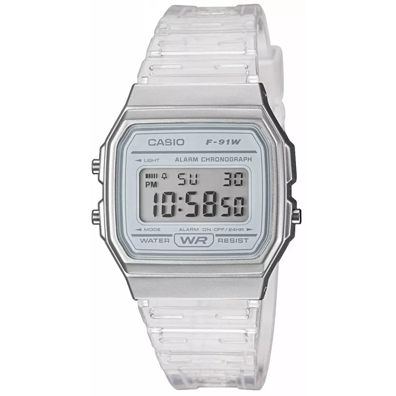 Casio F-91WS-7DF Digitaluhr – Transparentes weißes Resin-Gehäuse, Unisex, Quarz, LED-Hintergrundbeleuchtung, wasserdicht bis 3 ATM