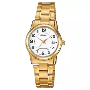 CASIO LTP-V002G-7B Damen Analog Quarzuhr, 25 mm Gehäuse aus goldfarbenem Edelstahl, silbernes Zifferblatt